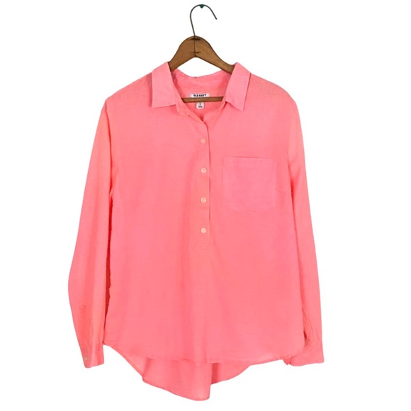 Old Navy Pink Neon Swiss Dot Popover Top Long Sleeve Semi Sheer Button Blouse L - Picture 8 of 16